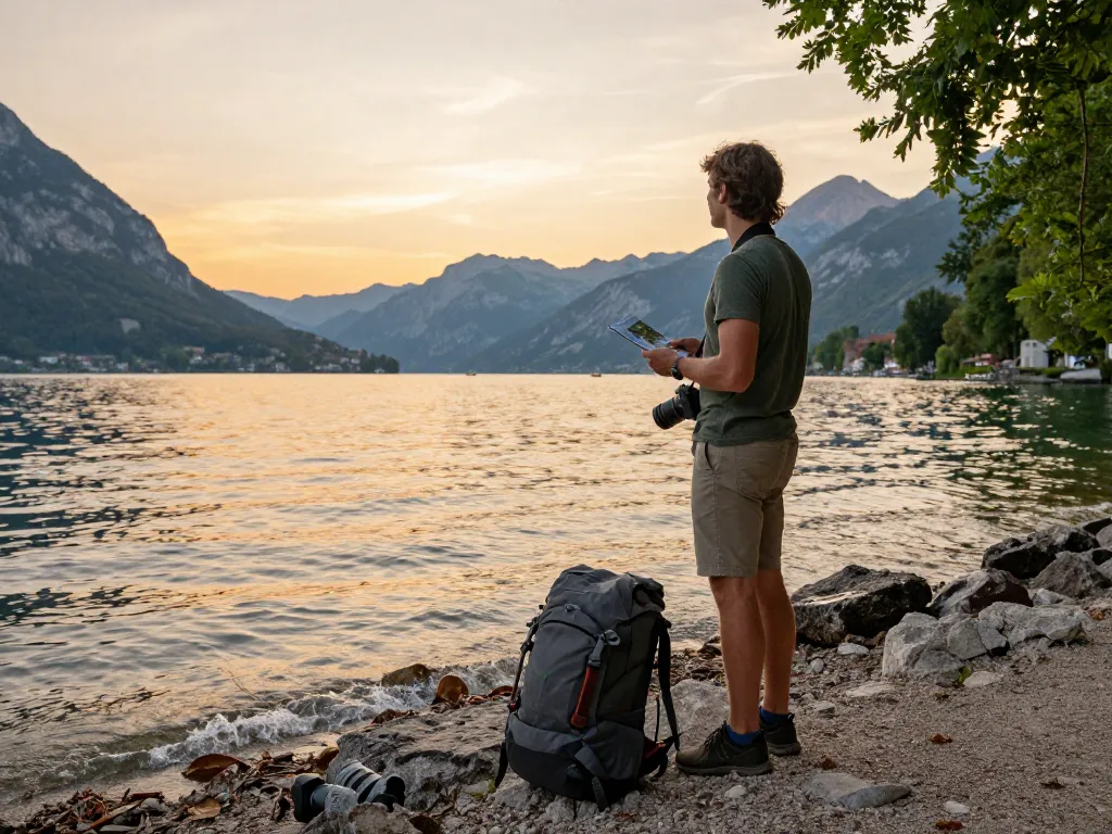 Reisender genießt einen friedlichen Moment beim Urlaub am Gardasee während des Sonnenuntergangs, umgeben von atemberaubenden Landschaften.