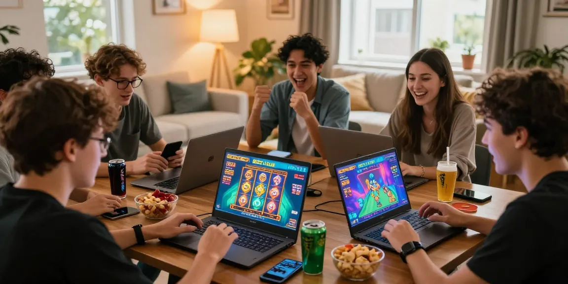 Group of friends engaging in online gaming at https://b52club.radio.fm/ with vibrant graphics and snacks, highlighting community and entertainment.
