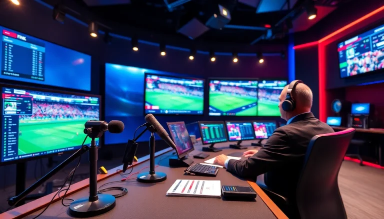 Experience sports broadcasting with a vibrant studio setup showcasing live feeds and excited announcers.