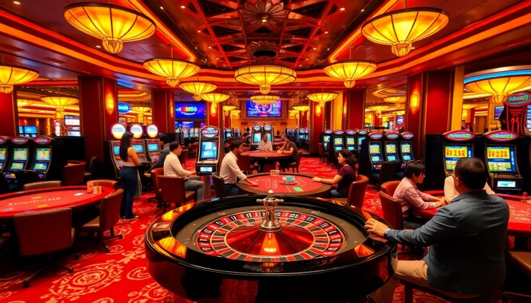 Engage in exciting gaming action at MM88 with vibrant roulette and poker tables, showcasing luxury and thrills.