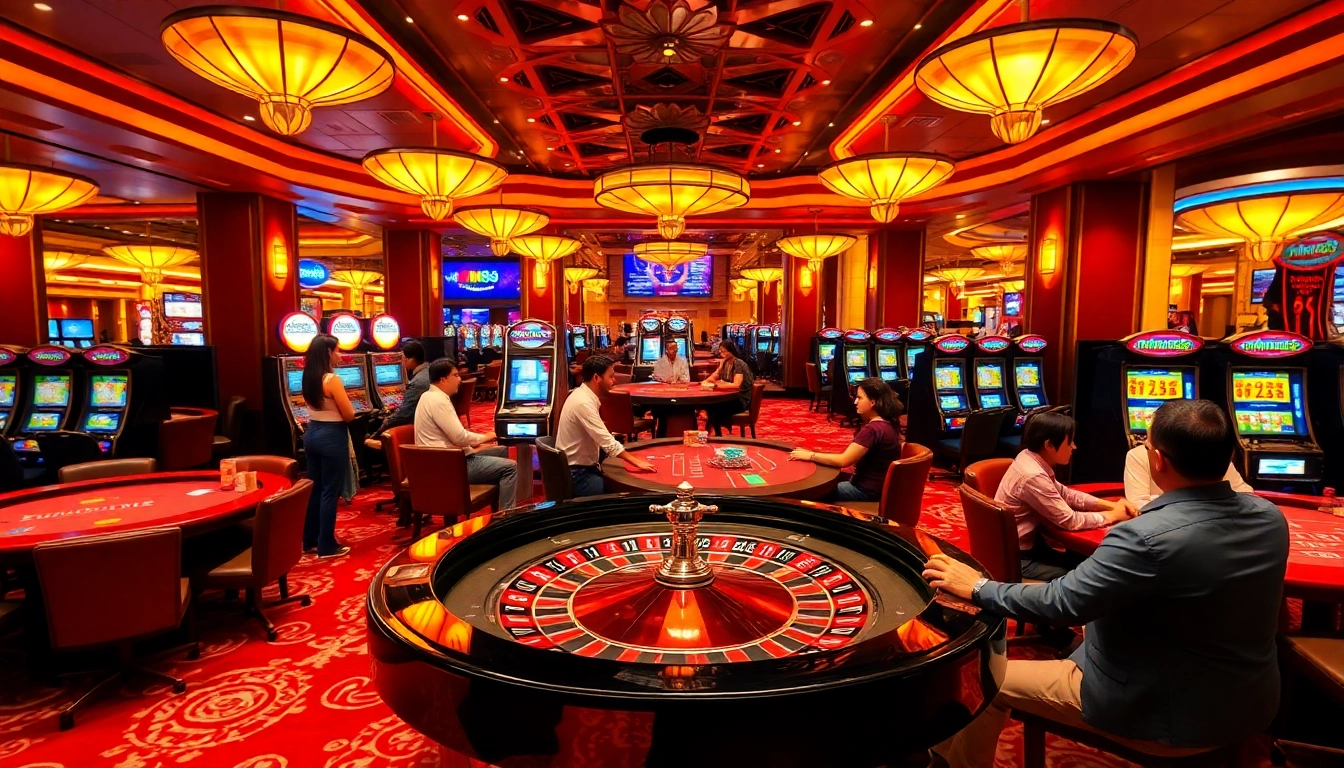 Engage in exciting gaming action at MM88 with vibrant roulette and poker tables, showcasing luxury and thrills.
