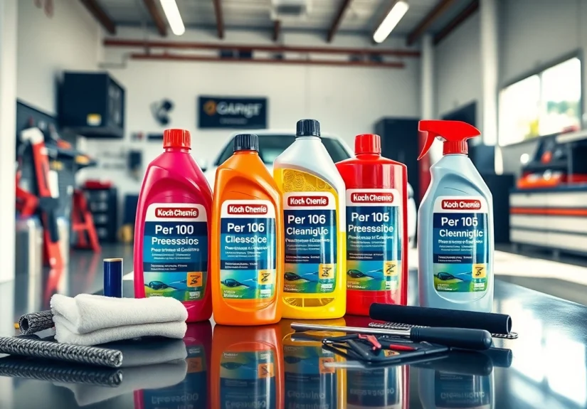 Koch Chemie Produkte in einer modernen Werkstatt auf einem Arbeitstisch präsentiert.