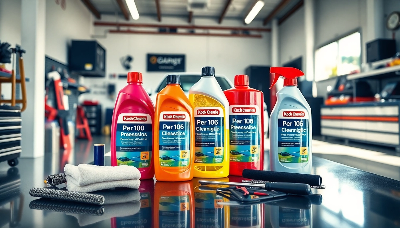 Koch Chemie Produkte in einer modernen Werkstatt auf einem Arbeitstisch präsentiert.