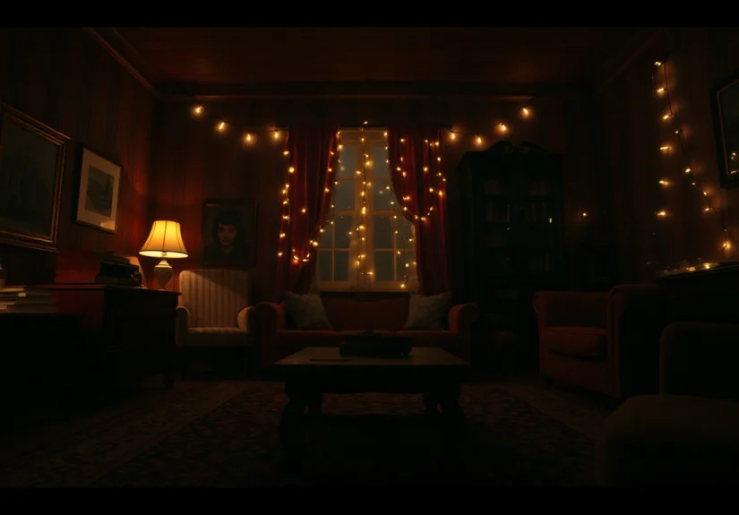 Die emotionale Tiefe des Stranger Things Finales dargestellt in einem nostalgischen Setting der 1980er Jahre mit Vintage-Dekor und D&D-Elementen.