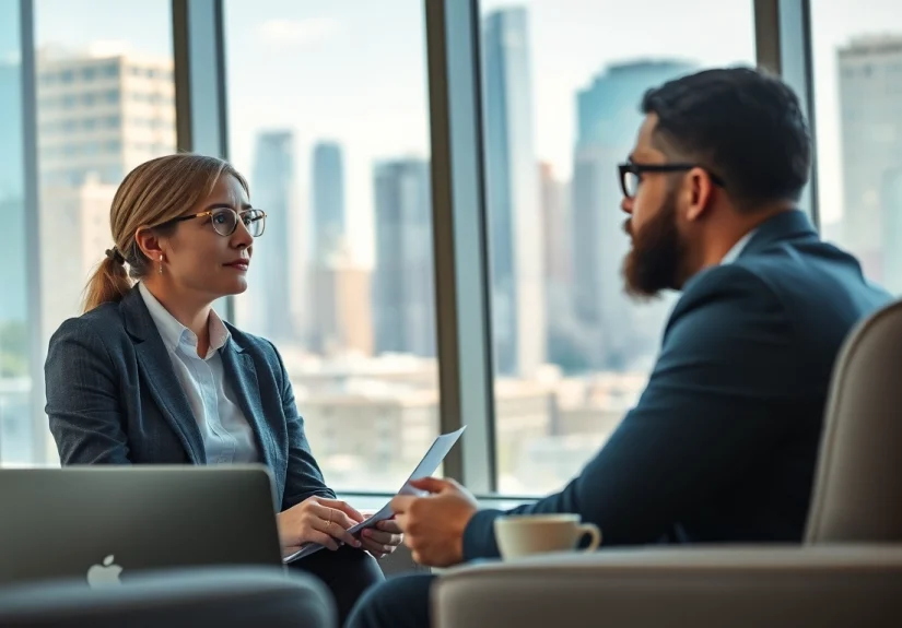 Headhunter Ingenieure im Gespräch mit einem Ingenieur in modernem Büroambiente.